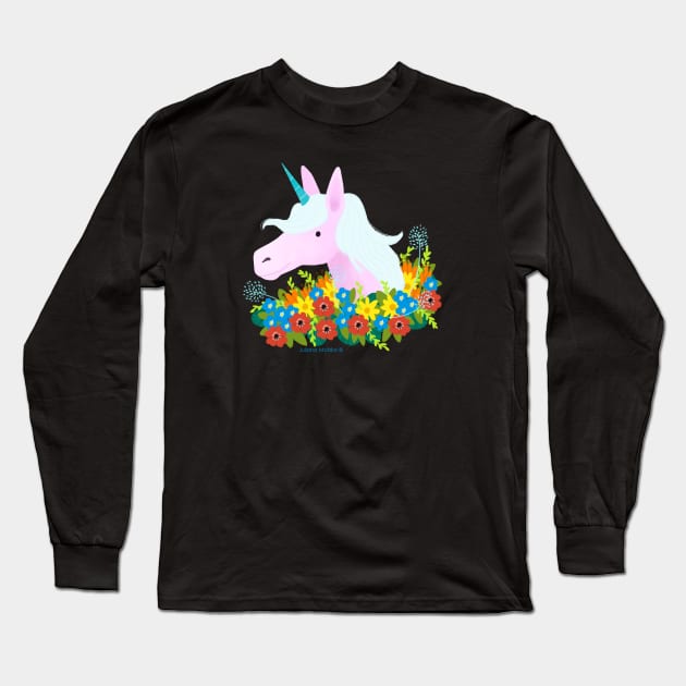 Unicorn and Flowers Long Sleeve T-Shirt by julianamotzko